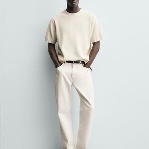 Zara Men's Cream Straight pearl white knit Shirt